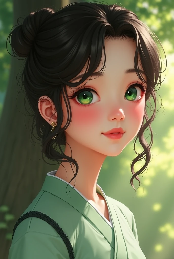 Round face woman, green colored indian eyes, Asian nose, medium mouth