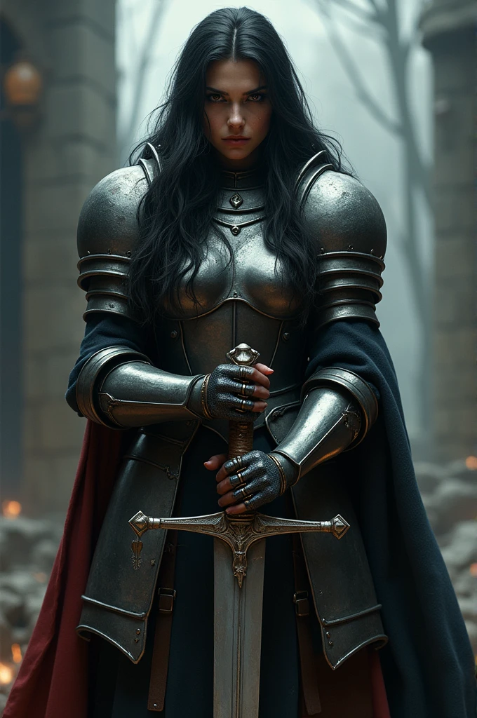 Woman in medieval armor, long black hair,
With a look of hate, she leans on the sword