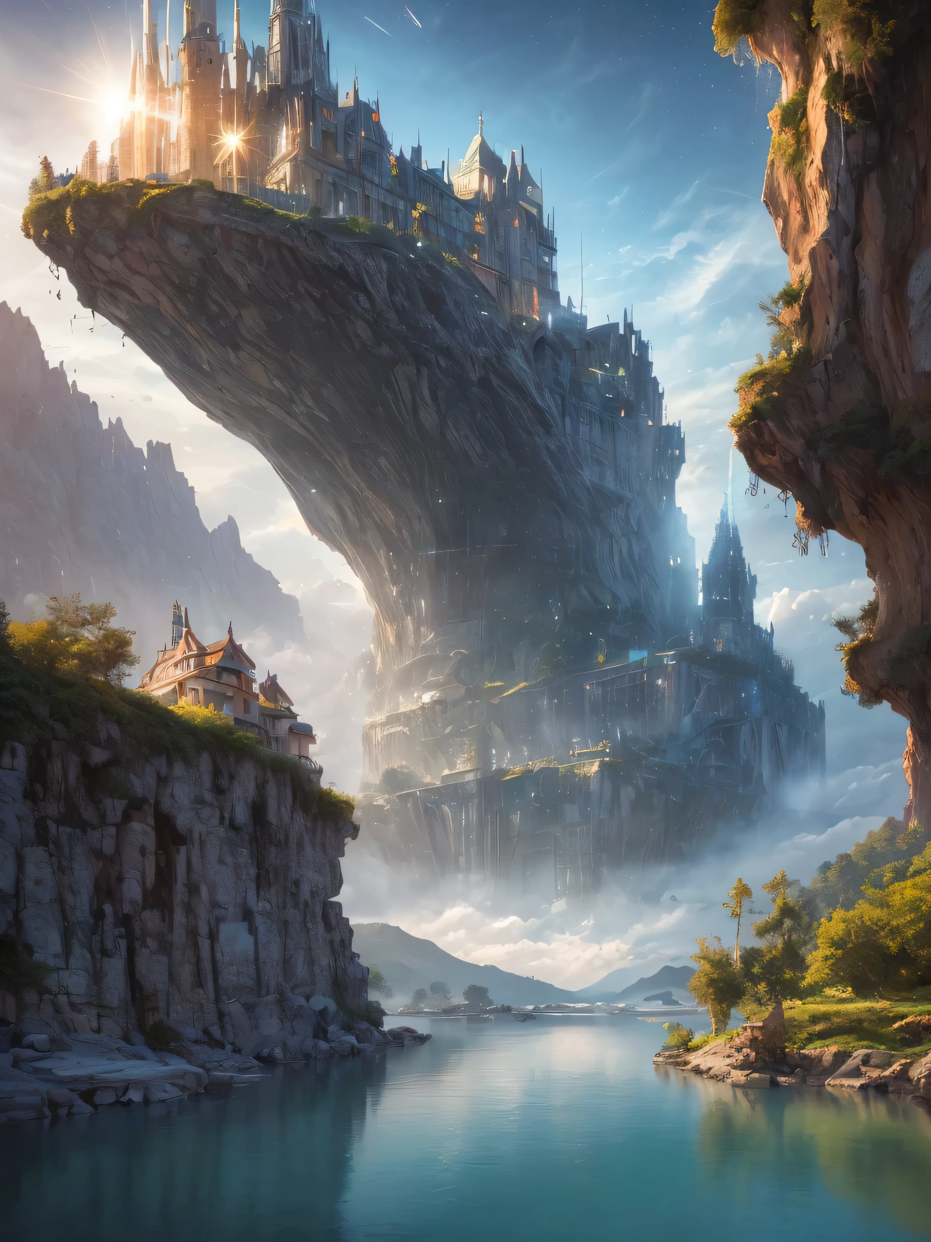 (8k, highest quality, masterpiece, final fantasy style: 1.2), (unRealistic, photoRealistic: 1.37), Dreamy landscape, Fantasy, Unsurreal landscapes, Super detailed, Flying Castle, Floating Island in the Sky, Seven-colored swirl of light, Intense lightning, milky way, Complex Light, Colored light, Large Lake, Starry sky reflected on the lake surface, Countless shining stars, Meteors, Reflections , (A pillar of light emanated from the ground:1,2), roses and orchids gardens , sunset, pink clouds, waterfalls in the sky, realistic style, Hyperrealism drawing, (a flying pirate spaceship floating high above the clouds, burning skyscrapers, cyborgs, timeless realms, stunning princess standing , casting spell, healing light magic effect, in a magical lagoon of the fairyland, crystal clear water surface reflections, sharp focus, looking at viewer, (close-up:0.9), (bright white theme:1.2), (bright white tone:1.2), (deep blue tone:1.3),((( realistic, Hyperrealism, vivid colours , landscapes , alien cyborgs , science fiction themes))),