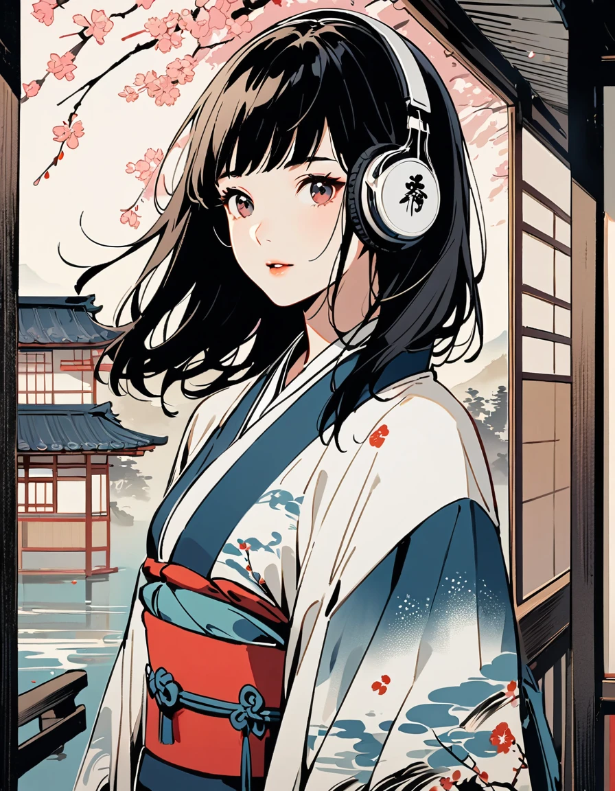 Ink Painting, (((girl1人))), Japanese style headphones, beautiful girl, Black Hair, Delicate and precise, Modern ukiyo-e style, cherry blossoms,scenery多め,girl小さめ,5:1=scenery:girl,