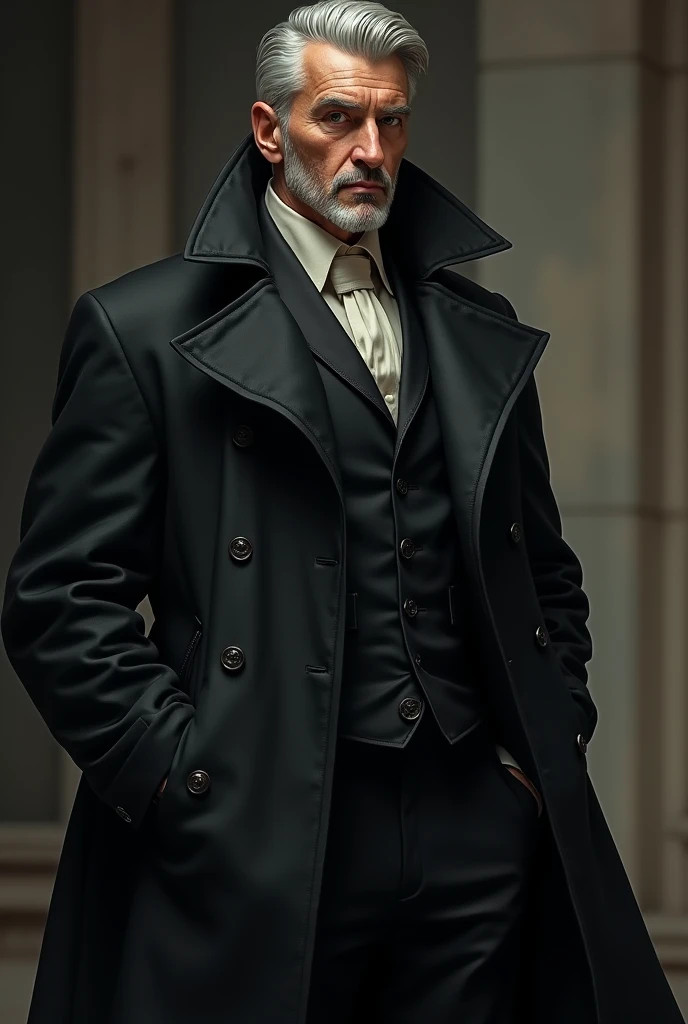 49 year old man, tall and strong, with short hair and gray only at the temples.Look brown and determined. Elegant outfit with black overcoat and hats. Confident and introspective posture.