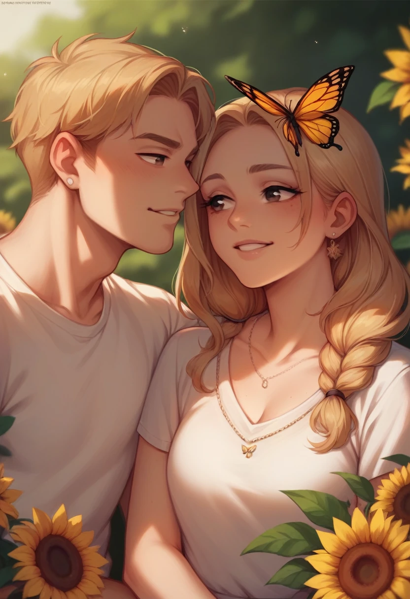 Mother with 2 boys, one adult and one teenager, brown eyes, wearing white clothes. Photo scene with sunflower garden and butterflies.