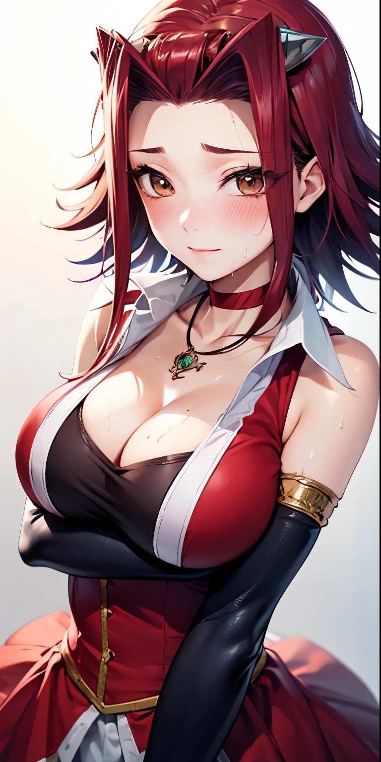 1 Female,High definition,high resolution,Ultra-realistic,8K, aki1, izayoi aki, solo, gloves, elbow gloves, breasts, jewelry, cleavage, choker, necklace, black gloves, large breasts,European,sexy,Upper body close-up,Photographed from the front,Dynamic Angles,blush, medium tits, happy, wink the eye,facial, sweat,multicolored hair 