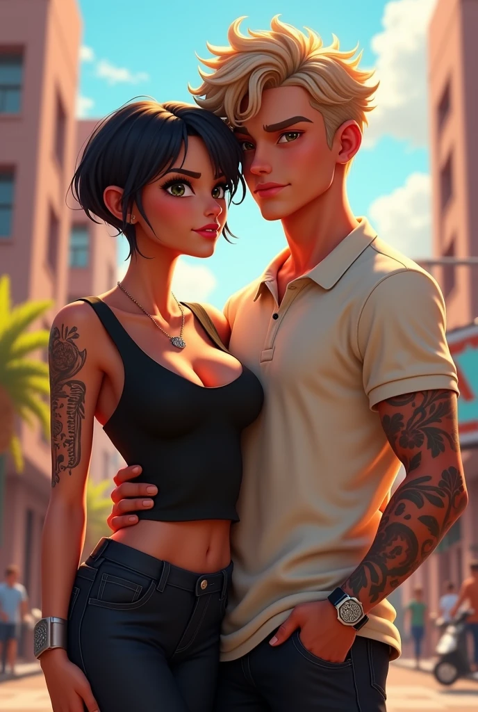 Rev animated casal, Woman with short black pixie hair, tattooed, slim, sexy face, light skinned brunette, black clothes man short curly light hair, offwhite , gola polo shirt