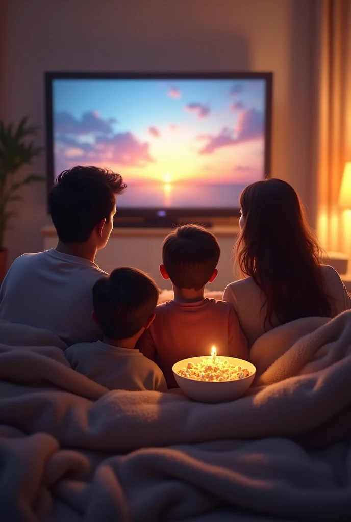 Family sitting on the sofa with their backs turned, watching TV and eating popcorn