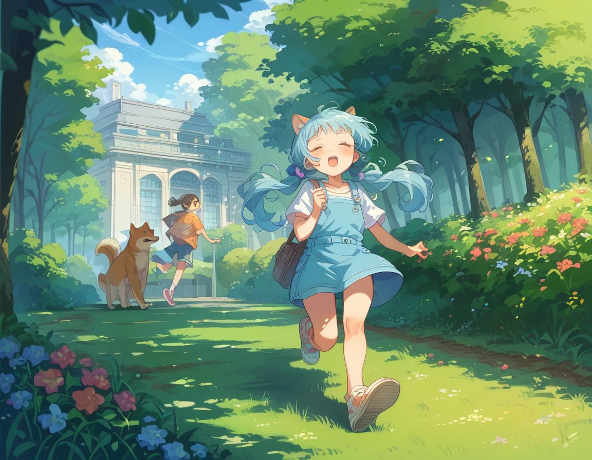 Light blue long hair、Beautiful girl with twin tails、A park full of grass and flowers、There are slides and swings、Five little characters playing、My beloved Shiba Inu dog is running around happily.、