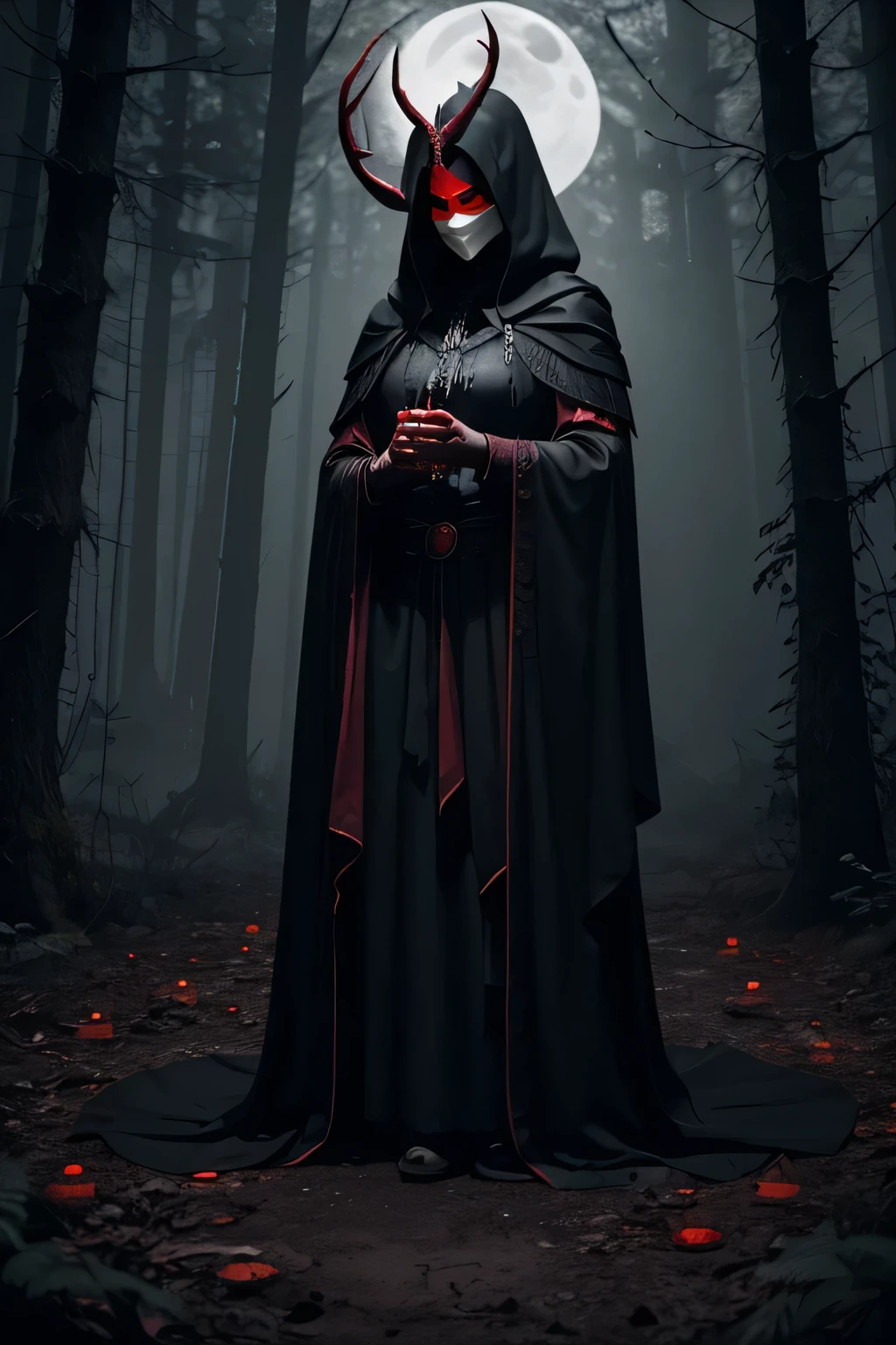 a dark witch with a black cloak, a white and red ritualist mask with elk horns, no parts of the body are visible. it is in a dark forest only lightned by the moonlight, with strange runes on the trees and a blood mark on the floor