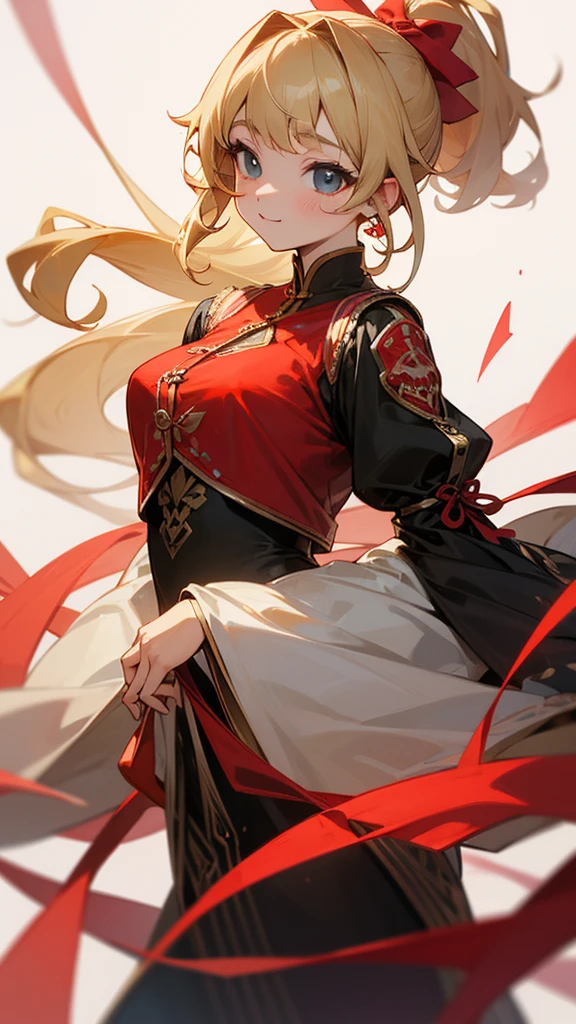 high resolution、ponytail、Perm、Blonde、whole body、
No sleeve、Cute clothes with red ribbons。
Detailed、Beautiful beaded clothing。