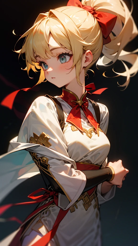 high resolution、ponytail、Perm、Blonde、whole body、
No sleeve、Cute clothes with red ribbons。
Detailed、Beautiful beaded clothing。