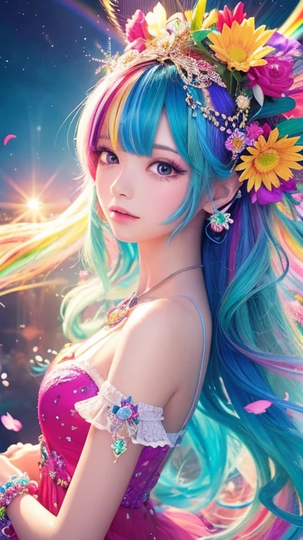 The image you provided、It looks like a digital artwork depicting brightly colored characters.。, Multicolored hair with crystals. The background is full of colorful elements such as rainbows and flowers., Create a whimsical and dreamy atmosphere.front,The upper body is waiting for the start