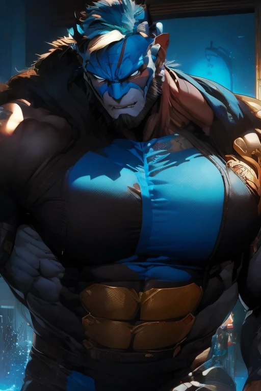 X men,the beast,big blue muscle body, wearing xmen suit