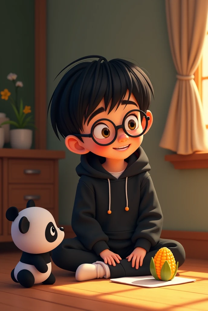 I want a boy in Disney version with straight black hair and white skin dressed in black pants and a black hooded sweatshirt. He wears glasses and is sitting in a corner listening to music with his little panda and a little corn cob and the boy is happy. 