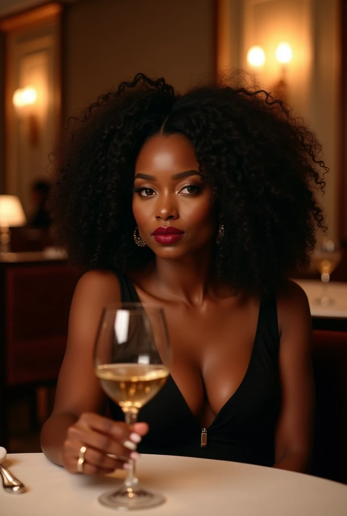  there is a black woman , the woman has curly black curly, she has dark skin, with dark brownish skin, with long curly, long black curly hair she is at a fancy restaurant drinking a glass of wine 