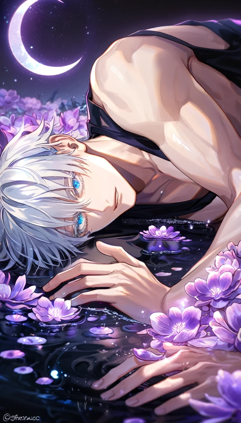 absurdres, highres, ultra detailed, HDR, master piece, Gojou Satoru, white hair with bangs, expressive blue eyes, white eyelashes, black clothes, Jujutsu Kaisen, sexy man, handsome, best quality, purple glittering crescent moon, purple flowers, fantasy, magical, solo, water, purple shining fireflies, purple petals, purple fire, sensual, horny,