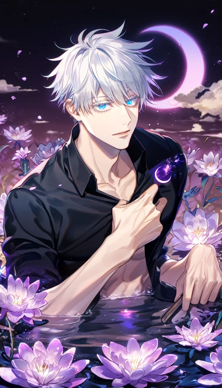 absurdres, highres, ultra detailed, HDR, master piece, Gojou Satoru, white hair with bangs, expressive blue eyes, white eyelashes, black clothes, Jujutsu Kaisen, sexy man, handsome, best quality, purple glittering crescent moon, purple flowers, fantasy, magical, solo, water, purple shining fireflies, purple petals, purple fire, sensual, horny,