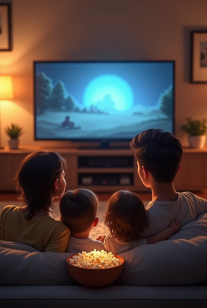 Family sitting on the sofa with their backs turned, watching TV and eating popcorn