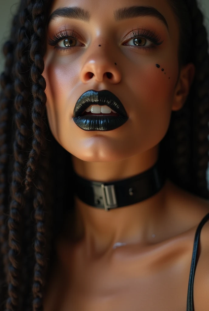 latina woman, young, black lipstick, naked, african braids, dimples, thick belt around neck, cum in mouth, cum leaking out of mouth, naughty expression, shiny latex bodysuit, close-up, UHD, retina, masterpiece, accurate, anatomically correct, textured skin, super detail, high details, high quality, award winning, best quality, highres