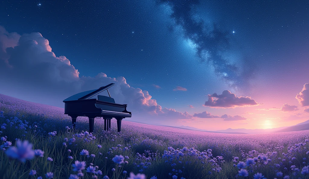 「Starry Skyの下、グランドpianoが置かれたFlower Field、青いグランドpiano、Milky Way Galaxy、Fantastic landscape」
「グランドpiano、Starry Sky、planet、universe、Mysterious atmosphere、Digital Art」
「piano、Flower Field、Fantastic landscape、Silence、Lonely」