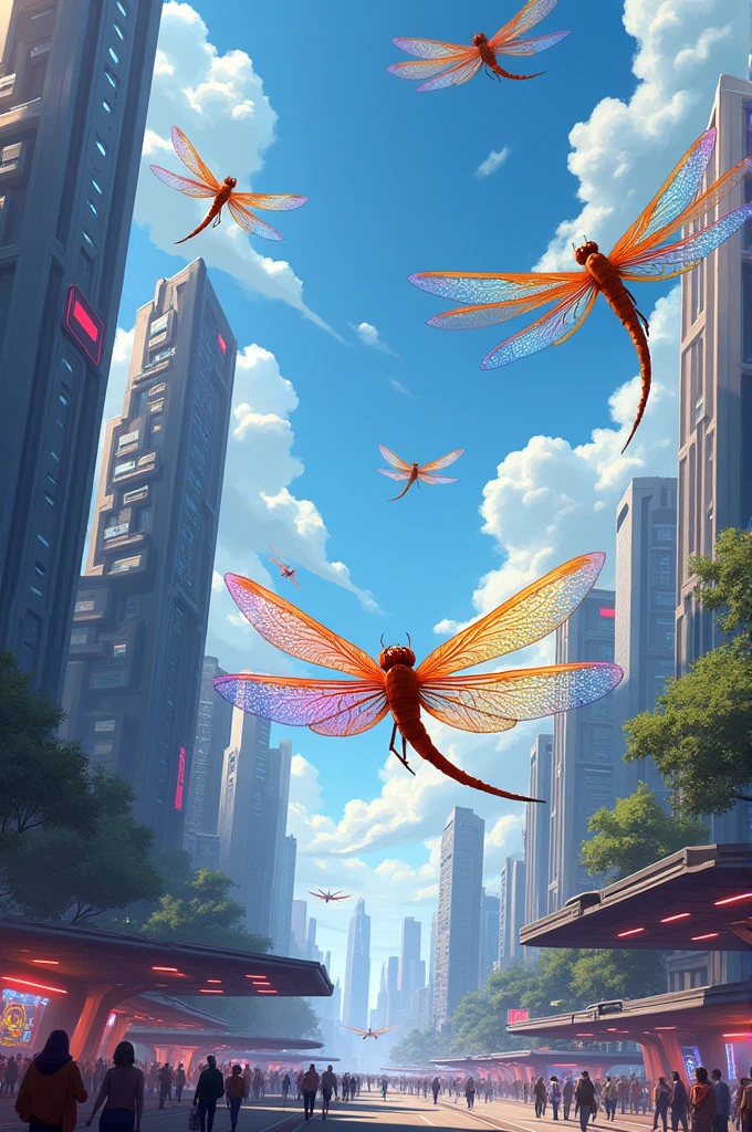 An illustration of many dragonflies flying in a futuristic town
