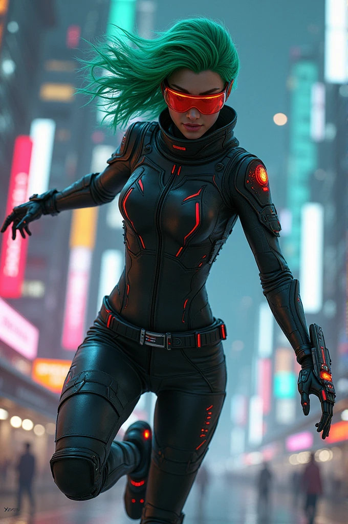 Cyber ninja with green hair