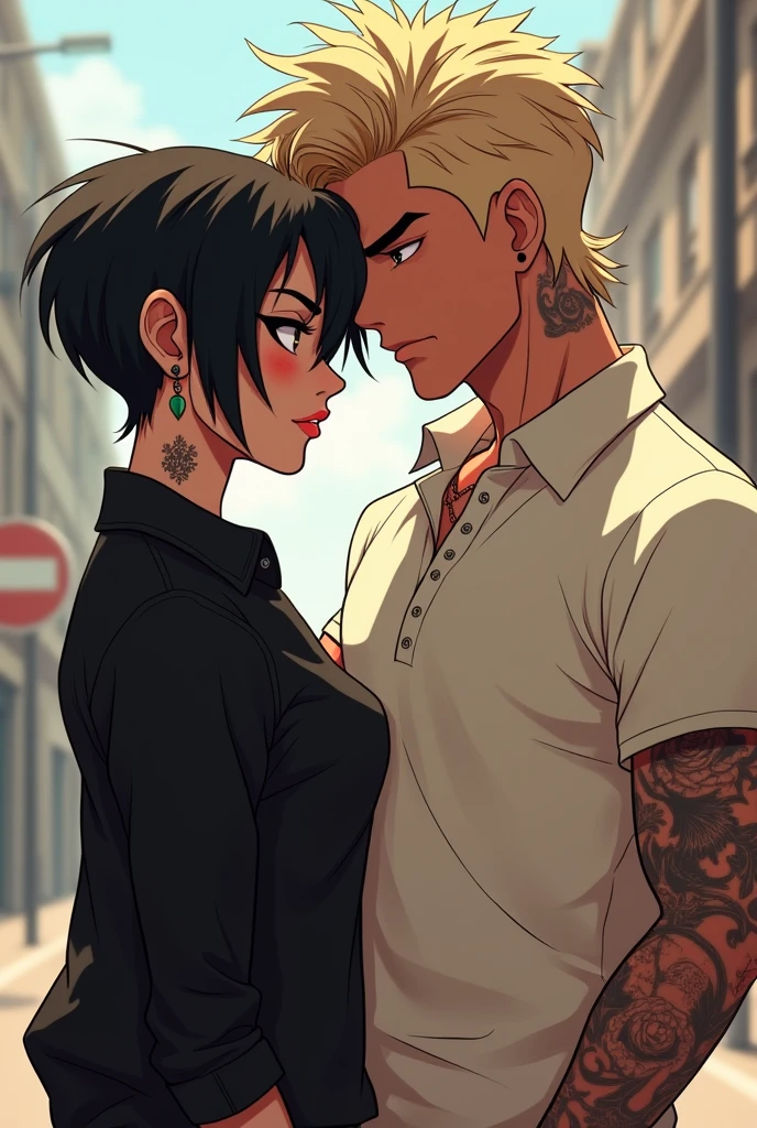 Rev animated casal, Woman with short black pixie hair, tattooed, slim, sexy face, light skinned brunette, black clothes man short curly light hair mulet, offwhite , gola polo shirt


