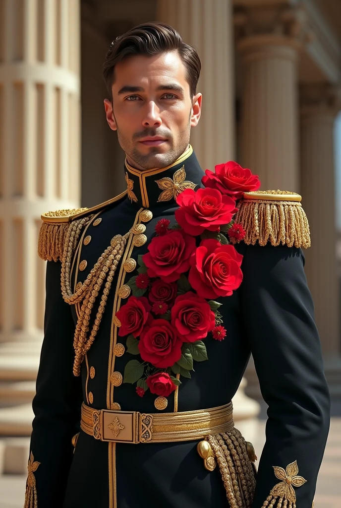 European Victorian soldier uniform with red flowers