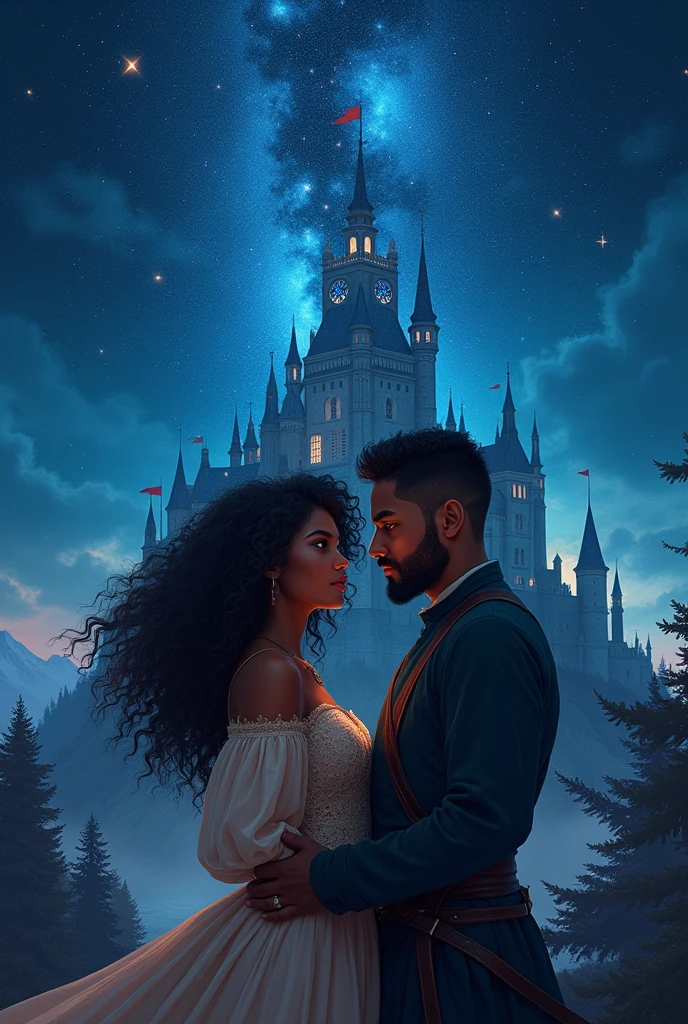 Create a cover for a book, it must be a couple hugging one with black skin color, with long curly hair wearing a medieval princess dress and a dark-skinned man, wearing simple medieval clothes with short hair and a beard to make, the two must be in front of a castle with a starry sky the sky must attract a lot of attention with several stars shining 