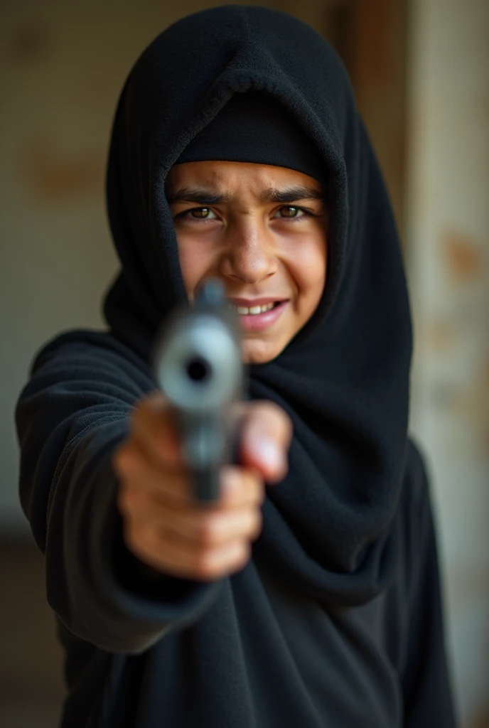 Photo of young terrorist crying while pointing his gun at the camera 