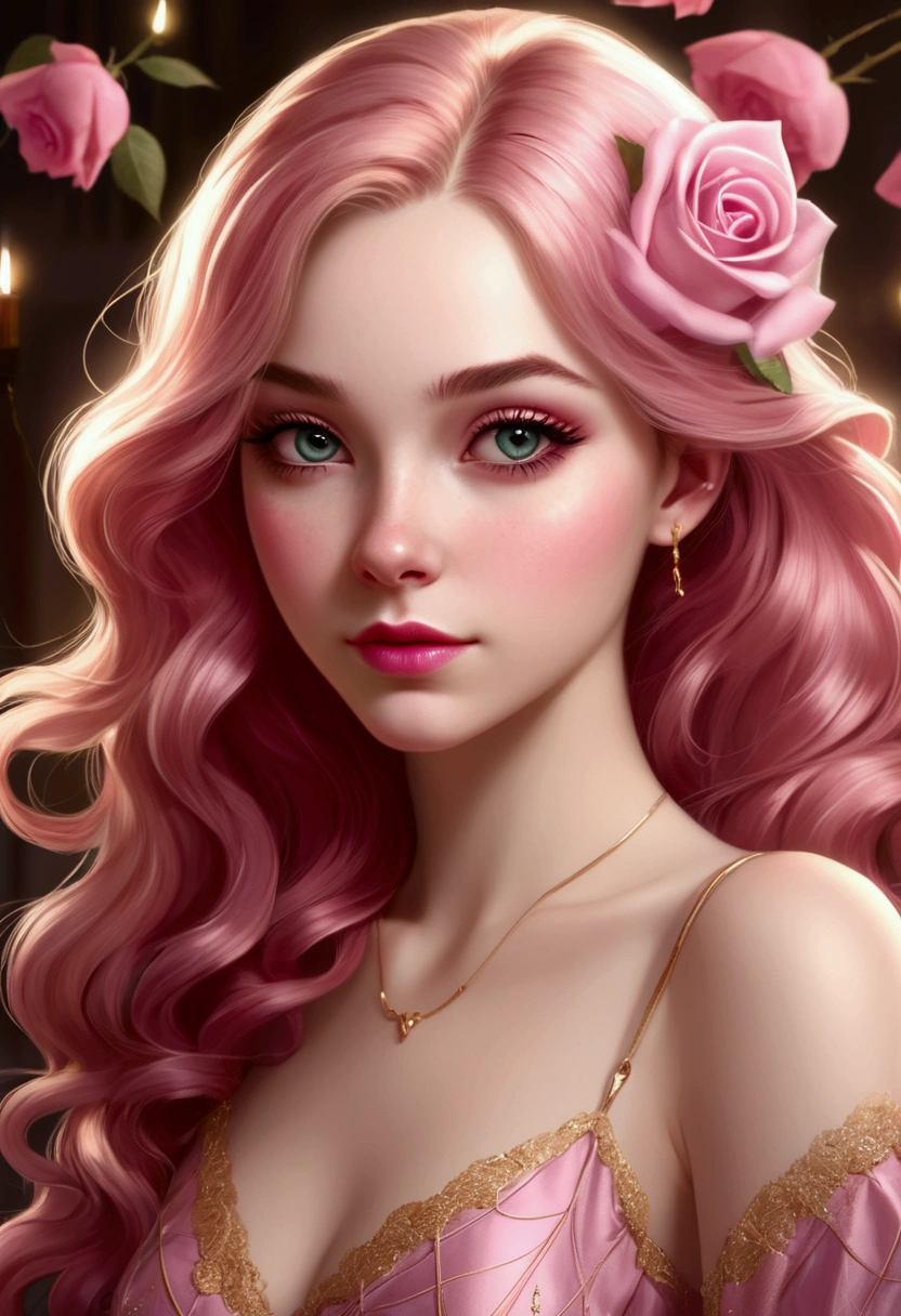 A 25 years old woman with pale skin and long, wavy rose_gold hair. large and magenta colored eyes, full lips with a pronounced cupids bow, with an adorable, and innocent face. She should have a happy expression, wearing a pink, gold, and rose gold colored dress, with an elegant and spider web lace theme, something that emphasizes her sweet and compassionate personality. Overall, her appearance would be striking, attracting curious looks. small chested, slender, petit, cinematic lighting, chromatic aberration, backlighting, masterpiece, high details, high quality, 4K.