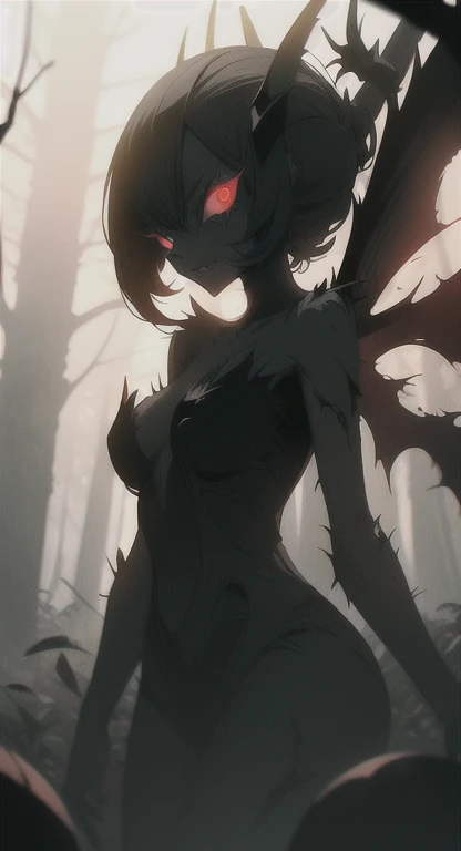Foggy Forest, extremely horrifying, ancient female creature, demonic silhouette, Gardevoir shadow figure, glowing red eyes, eyes in the fog, rotting, looking dead, torn wings,