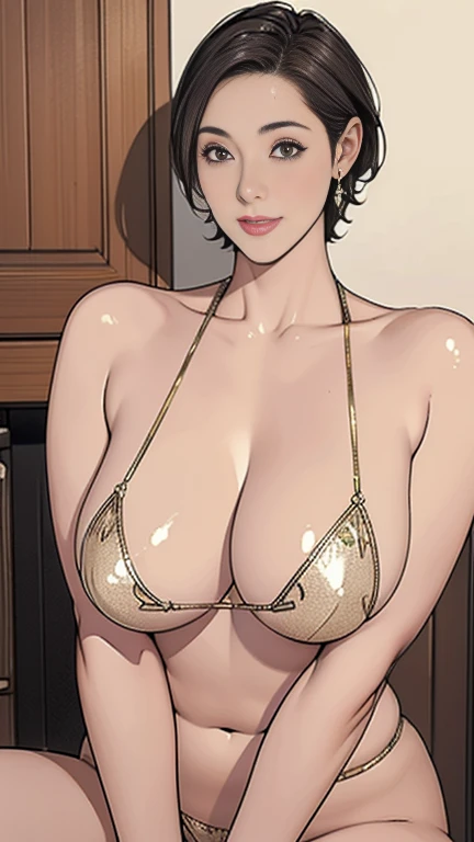 1,short hair,Photorealism,detailed,masterpiece,mature,((full)), (Broad shoulders), ((Huge)),Gold Micro Bikini,Showing cleavage,look at your thighs,Great hole,smile,masterpiece,High-quality illustrations