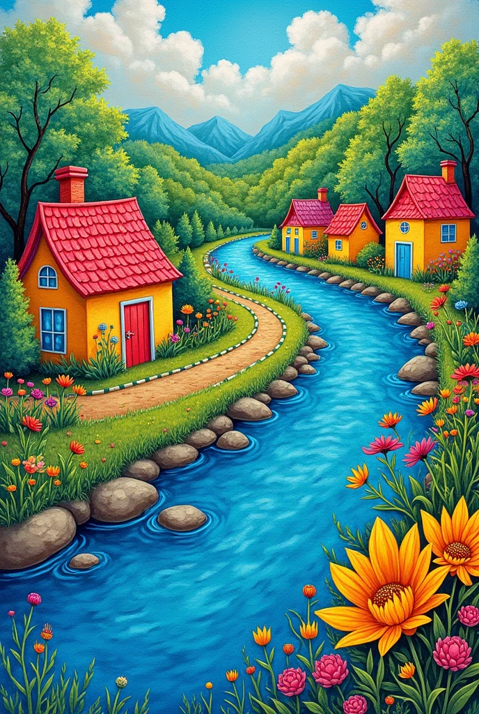 Landscape with houses, river and trees painted with crayons. horizontal
