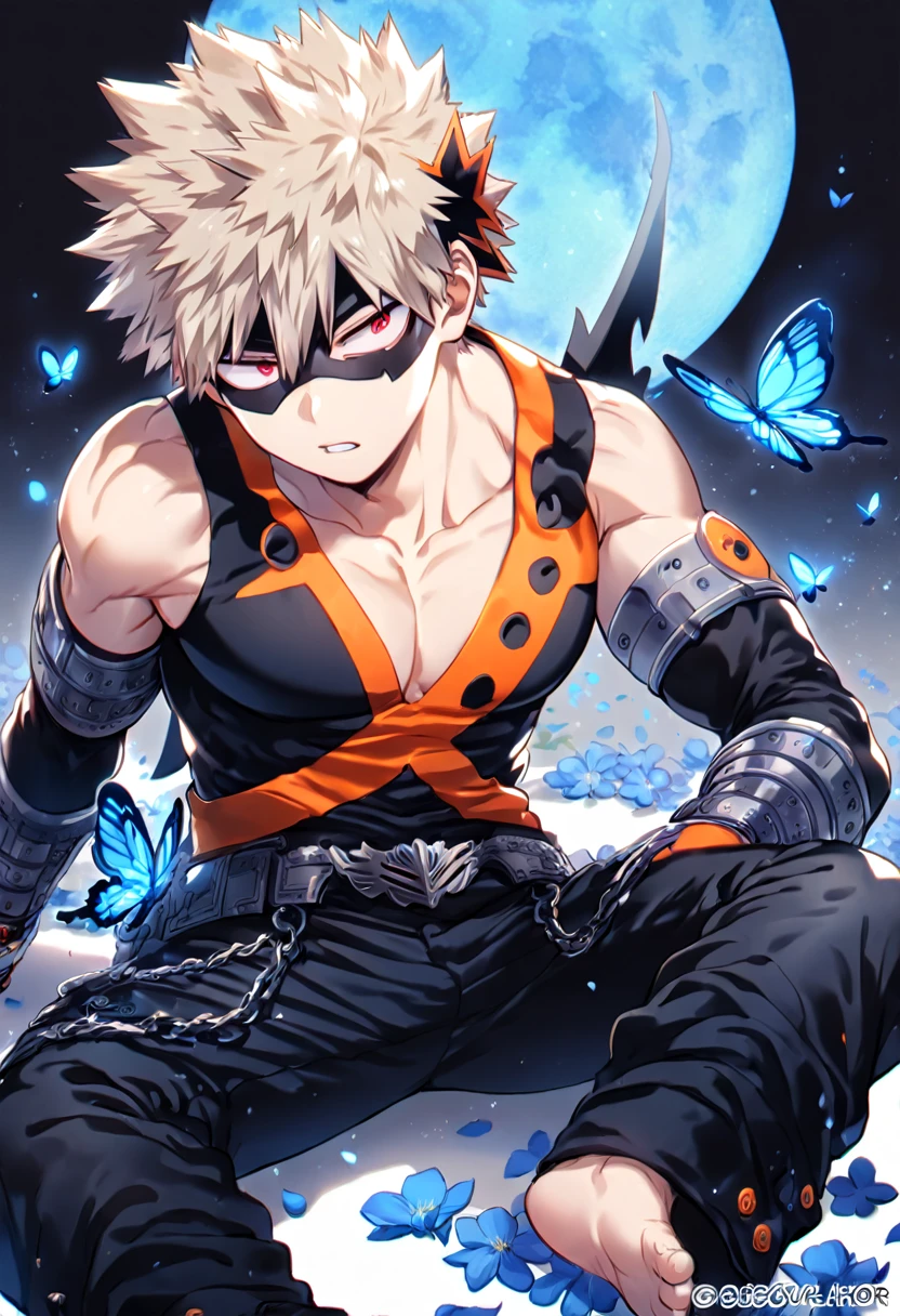 absurdres, highres, ultra detailed, HDR, master piece, best quality, extremely detailed, Bakugou Katsuki, ash-blonde hair, expressive red eyes, Boku No Hero Academia, solo, sexy man sitting, handsome, manly man, sensual, black hero clothes, black eye mask, fantasy, magical, blue moon, blue flowers, blue butterflies, blue petals, blossoms
