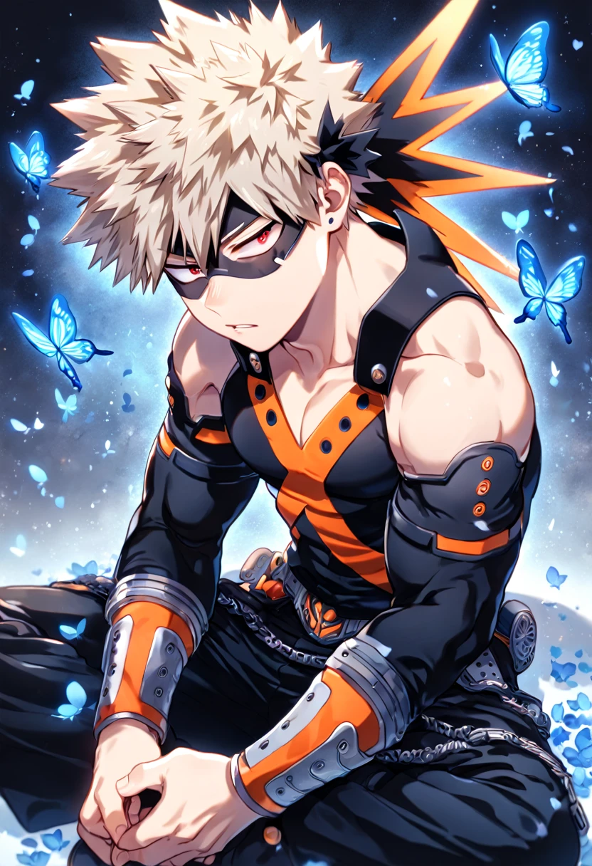 absurdres, highres, ultra detailed, HDR, master piece, best quality, extremely detailed, Bakugou Katsuki, ash-blonde hair, expressive red eyes, Boku No Hero Academia, solo, sexy man sitting, handsome, manly man, sensual, black hero clothes, black eye mask, fantasy, magical, blue moon, blue flowers, blue butterflies, blue petals, blossoms