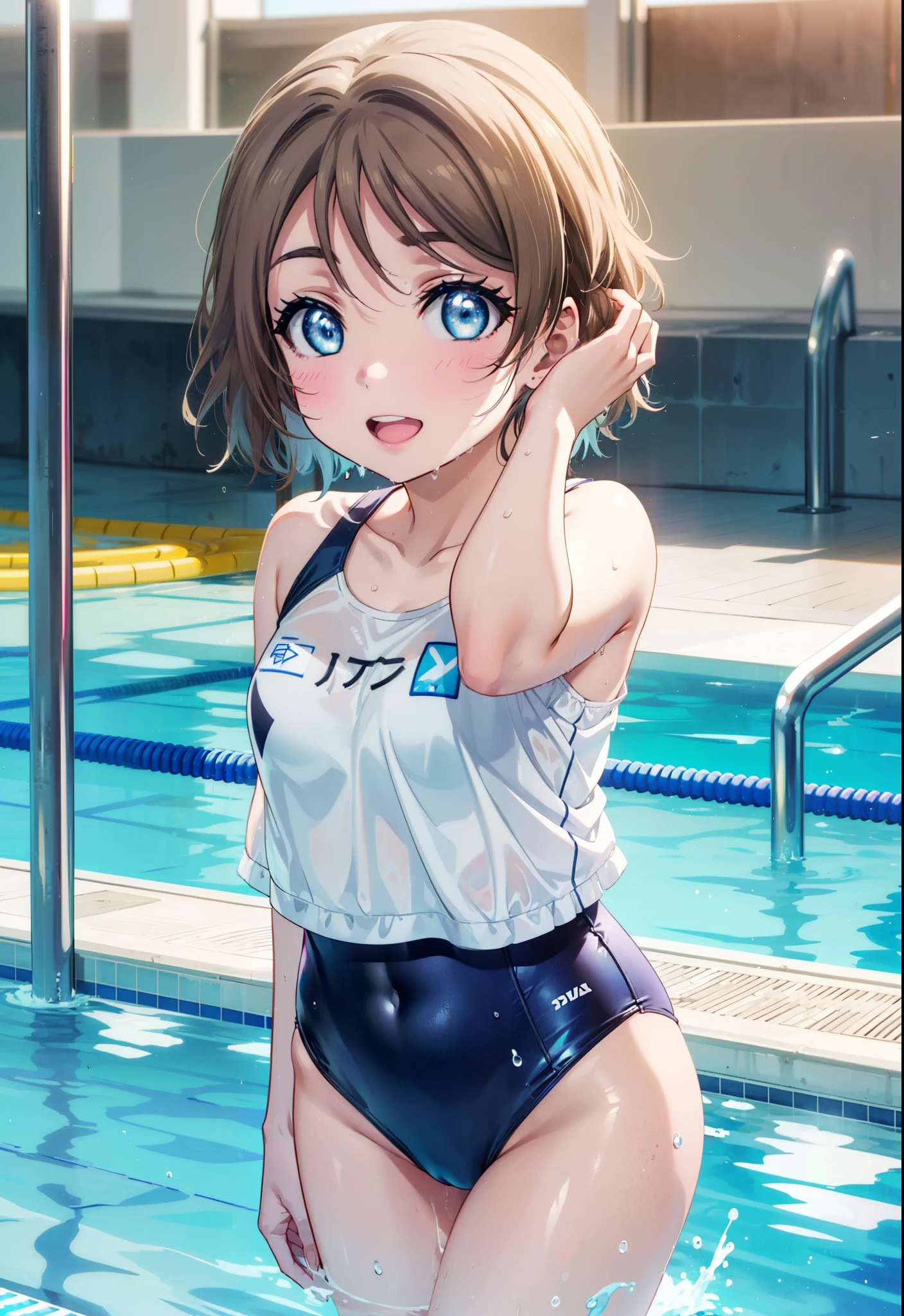 (masterpiece, best quality, 8k:1.2),Very detailed, (anime:1.1), misaka_mikoto, brown hair, short hair, hairpin, small medium breasts, 1girl, (high-leg swimsuit, pool, blush), dutch angle, looking at viewer,