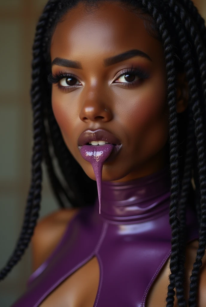 latina woman, young, naked, african braids, dimples, thick belt around neck, cum in mouth, cum leaking out of mouth, naughty expression, purple shiny latex bodysuit, close-up, UHD, retina, masterpiece, accurate, anatomically correct, textured skin, super detail, high details, high quality, award winning, best quality, highres
