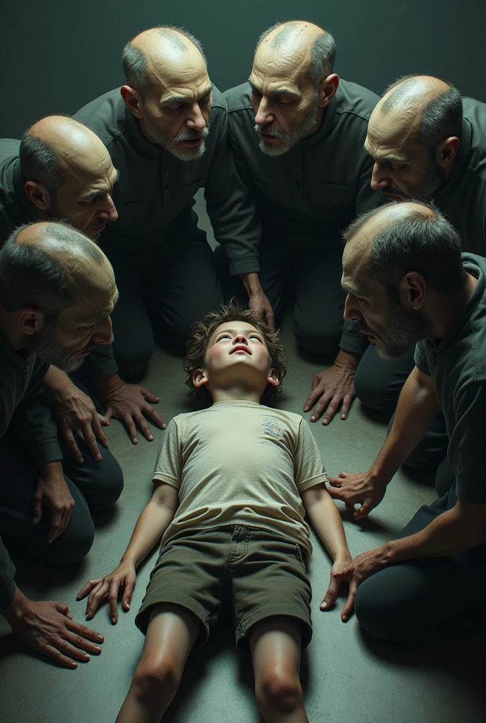 A boy lying on the ground, around him some ugly and defective people.

