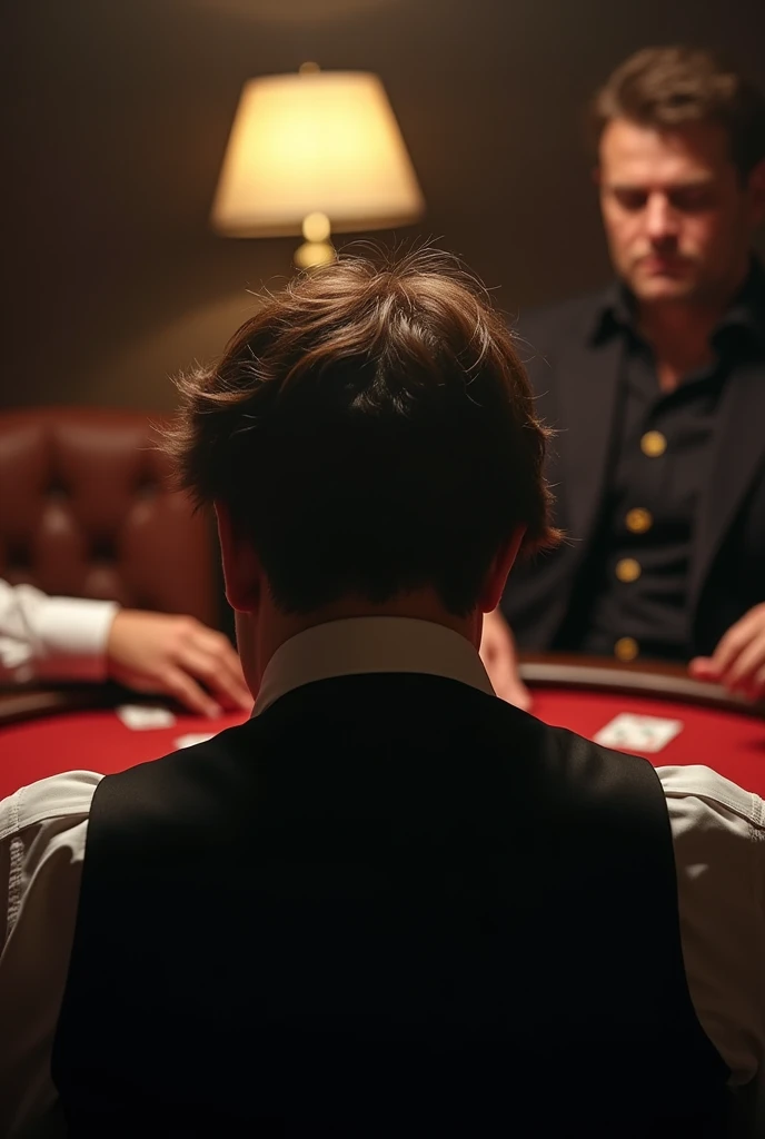 I want a person who has their back to the image, This will be a person in formal clothing, But he's going to be a little disheveled because he's very stressed since he's going to be playing blackjack with the dealer who just beat him with a 21., but with too many cards while the person with their back turned has a 20, (Put the cards as blackjack) This person will be very stressed because he has just lost a lot of money., focus on that just lost a lot of money and already in the background, that is to say, behind the croupier, There will be a casino atmosphere, although somewhat opaque, For that, make sure there is a lamp on the table.
