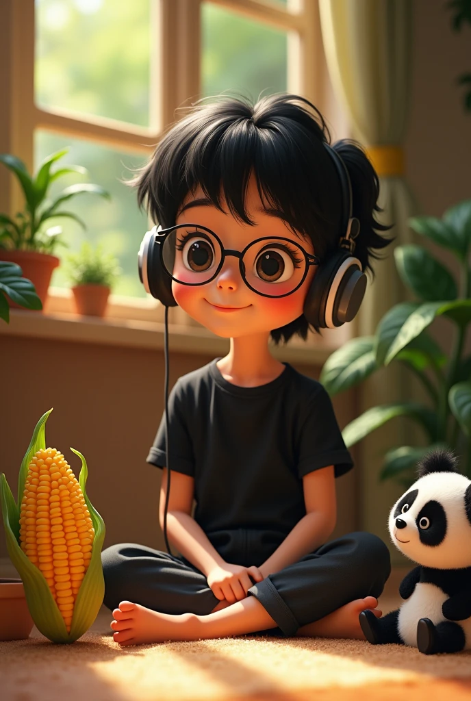 I want a boy in Disney version with straight black hair and white skin dressed in black pants and a black t-shirt with his hood up. He wears glasses and is sitting in a corner listening to music with his little panda and a little corn cob and the boy is happy. 