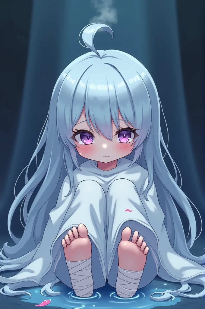 anime、An illustration、long-haired gray-haired、cuteお化け、Nightmares、Show the soles、足Sweat、steam、Foot odor、Foot odor、Bandage-like stockings、Sweat、cute