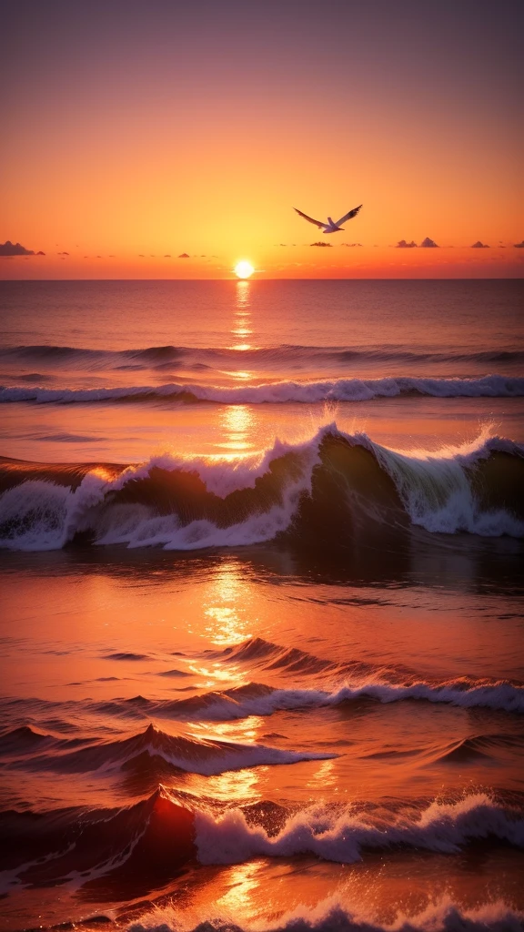 Golden sunlight,nebulous sky,Layers of clouds,The sunset is gorgeous,Orange-red and pinkish-purple clouds,Sunset,The afterglow is gorgeous,Sparkling sea,Wooden boats are embellished,Sea and sky line,Undulating waves,Seagulls fly,The setting sun covers the earth,A huge sunset over the horizon,Fiery red sunset with deep blue ocean
