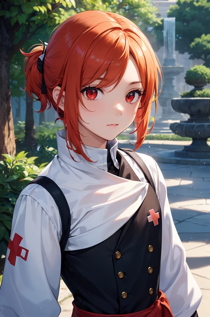 (((masterpiece; best quality: 1.2))), (finely detailed eyes: 1.3), ((ung man)), ((solo)), (red eyes: 1.4), (body shape; lean, masculine, manly: 1.3), (very short orange hair: 1.3), (beautiful and clear background: 1.2), ((depth of field)), (equipment: high-fantasy medic garb + white long-sleeve overcoat + armband with red cross + black high-neck shirt + gloves: 1.3), (anime illustration: 1.2), (background composition; palace gardens + day: 1.1), (extremely fine and handsome: 1.1), (shot composition; standing + centered on face + bust close-up: 1.5), (facial expression; calm, stoic: 1.2)