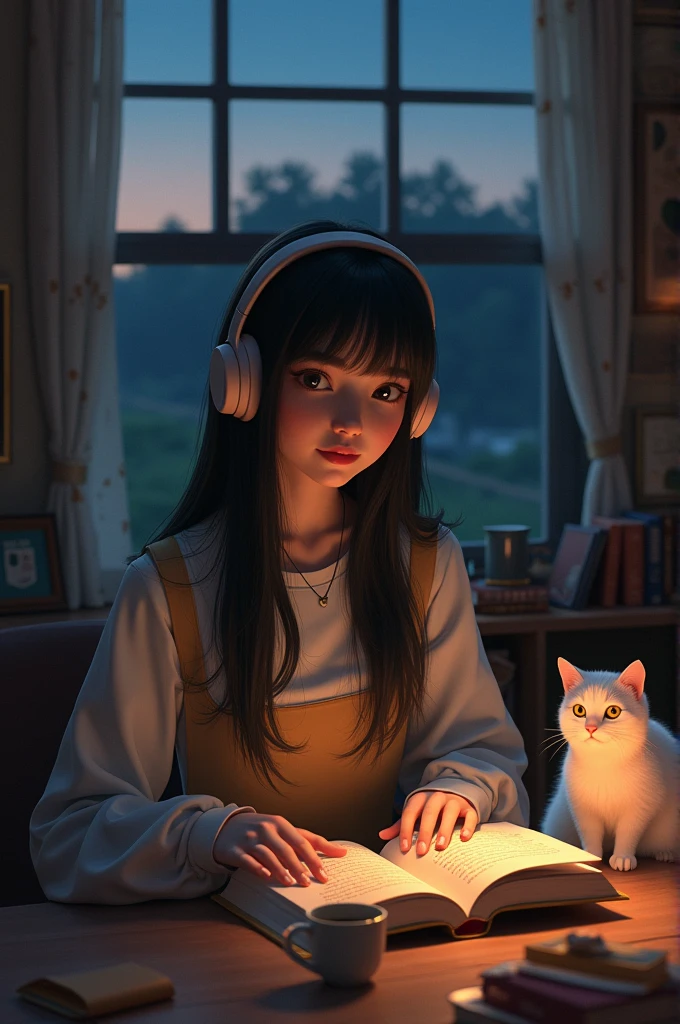 best quality, 8k, 1990s style,2010s hairstyles, 21 year old girl, black hair, long hair, light brown eyes, country, pants ,night view, wearing headphones,reading a book, whole body, relax coffee,table,confection,Looking at me, White cat
