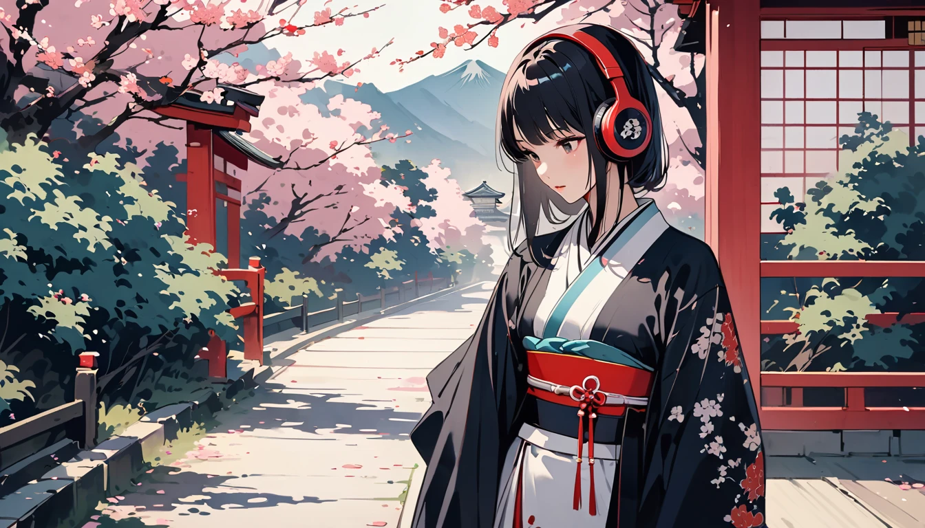 Ink Painting, (((girl1人))), Japanese style headphones, beautiful girl, Black Hair, Delicate and precise, Modern ukiyo-e style, cherry blossoms,scenery多め,girl小さめ,5:1=scenery:girl,