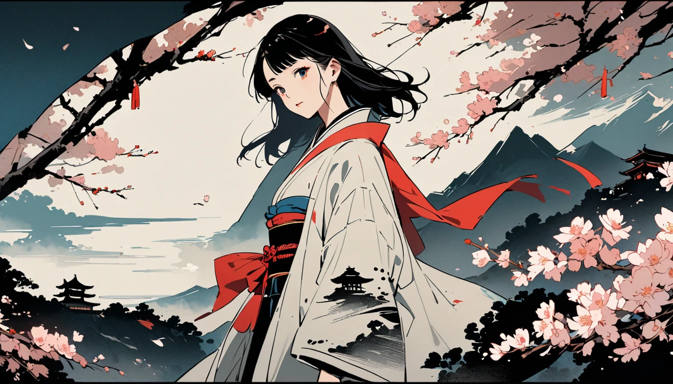 Ink Painting, (((girl1人))), Japanese style headphones, beautiful girl, Black Hair, Delicate and precise, Modern ukiyo-e style, cherry blossoms,scenery多め,girl小さめ,5:1=scenery:girl,