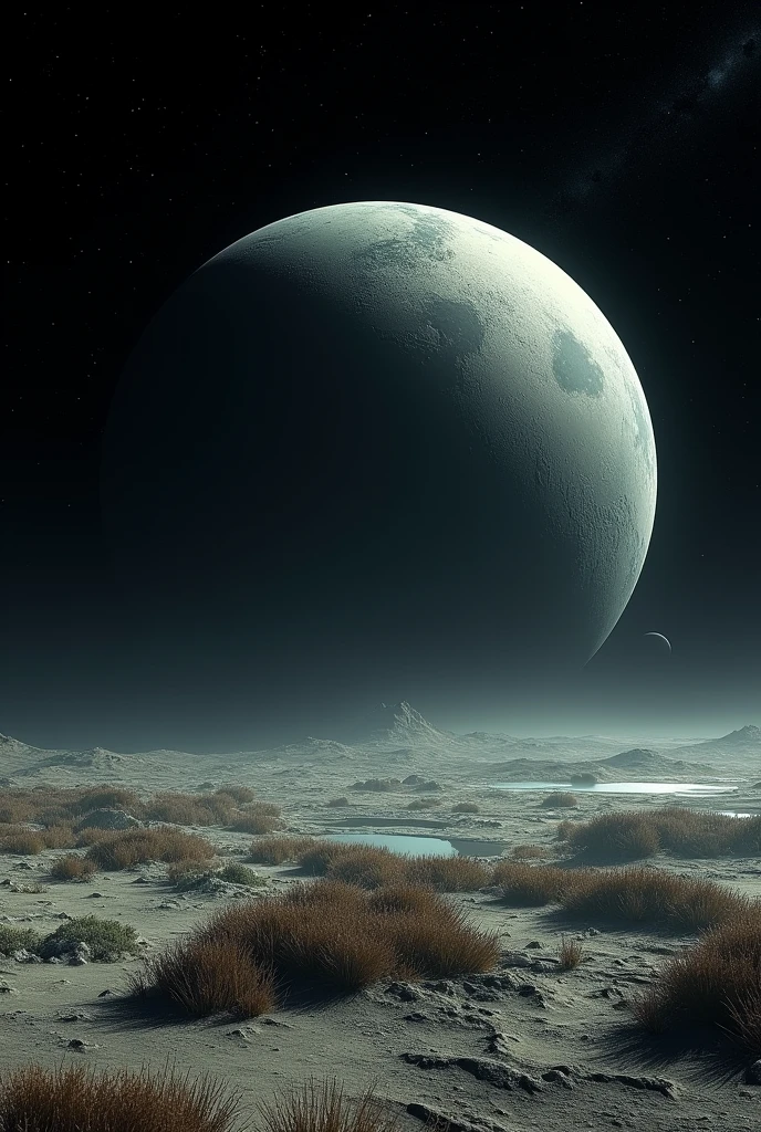 A gray planet, with a little water, the most visible planet in space, image coming from space. Planet with more grass and more water, more gray, with very little water and dead grass, with a little more water 