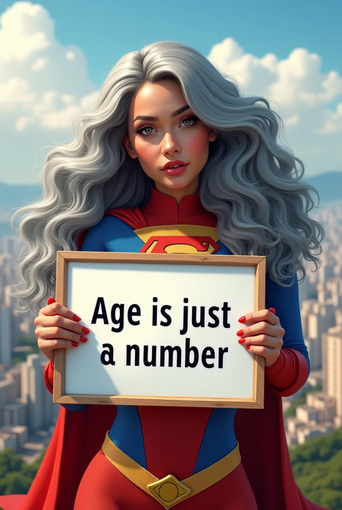 A beautiful youthful looking Hispanic version of a gray haired Ariana Grande as a 50 years old woma n with long her completely gray hair in a big curls styles as a superhero  wearing a superhero costume standing on top of a hilI overlooking a big city holding a white board with text "I age is just a number" and showing it to the viewer