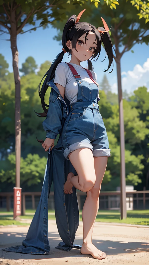 Dbz Videl, long hair with pigtails, wearing a blue denim jumpsuit, training barefoot in a park, full body shot. 