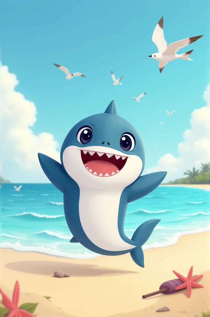 Make a baby shark with paws on a beach