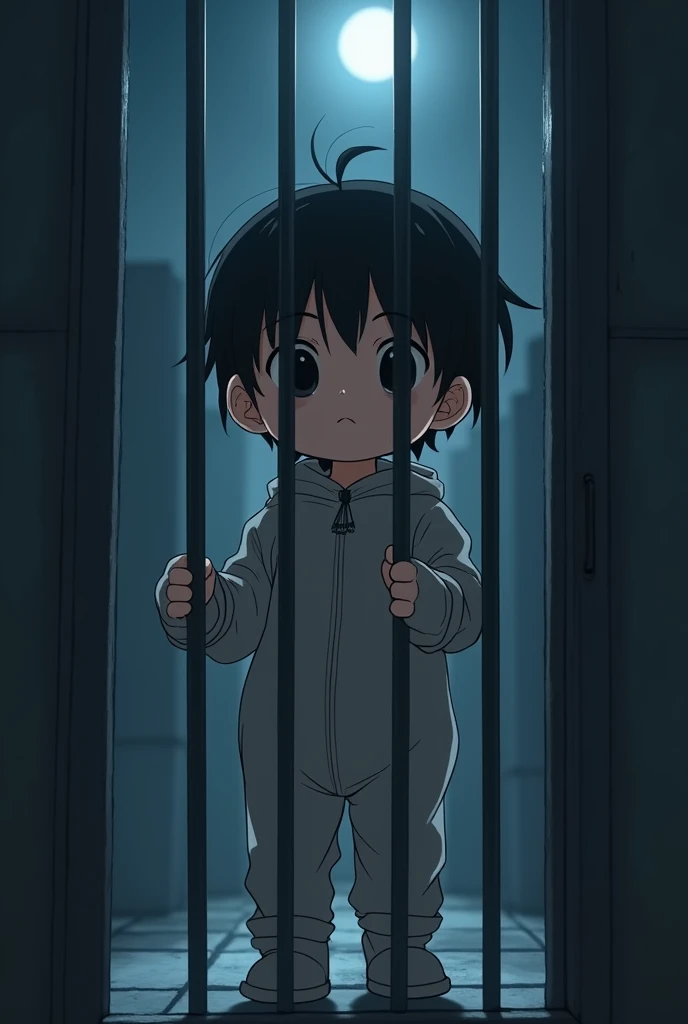 Cinematic Anime style. Manga art. TME0224 face, (((a baby boy, 4 year old))) in a funny night (((wearing a baggy onesie with hands in mittens))), (((inside a tiny closed cage behind bars))). cinematic lighting, drop shadow, masterpiece, UHD, anatomically correct, textured skin, super detail, high details, high quality, best quality, 4K, full body, standing